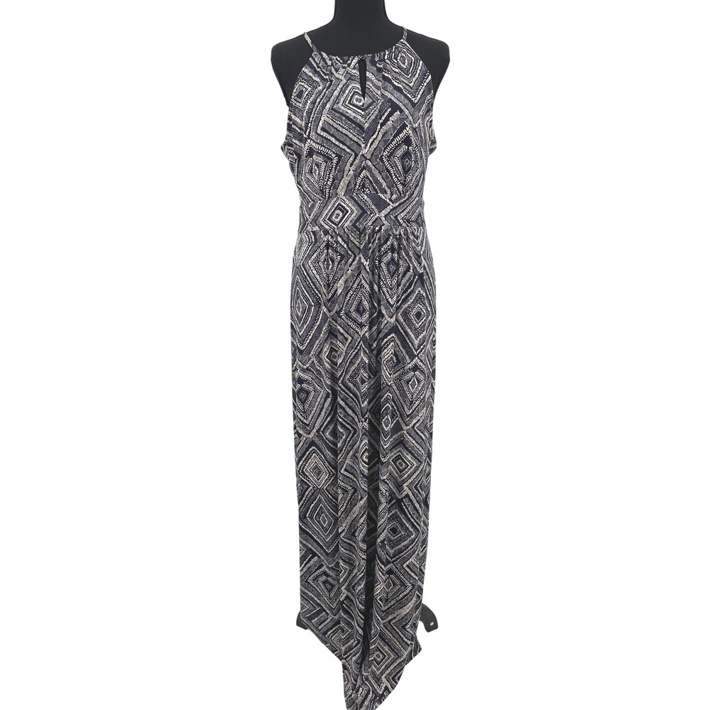 Ann Taylor LOFT Maxi Dress Womens M Blue White Poly Boho Halter Geometric Trendy